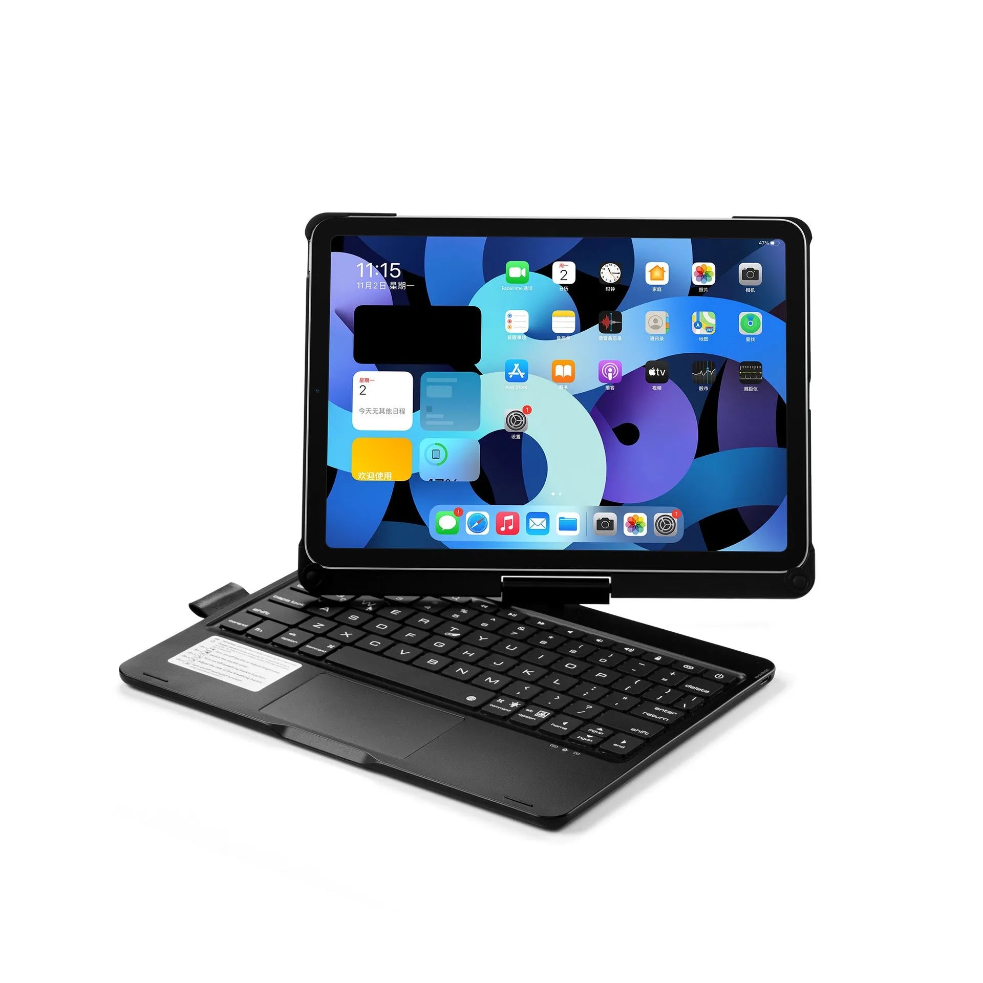 Black rotating backlit Bluetooth keyboard attached to a silver iPad, showing the 360-degree hinge.