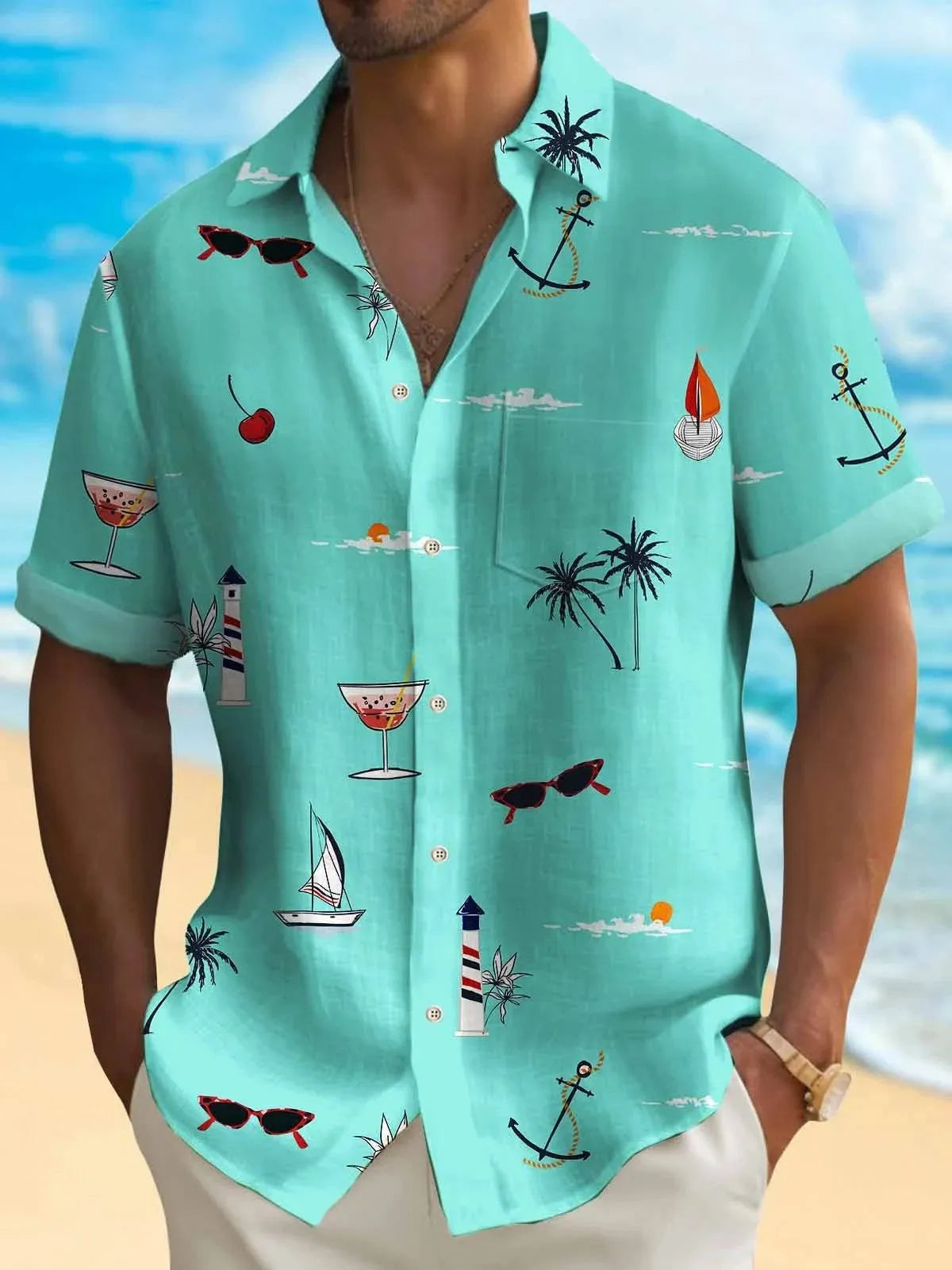 Man wearing a loose-fit digital print Hawaiian shirt with short sleeves, showcasing one of the multi-coloured pattern options.