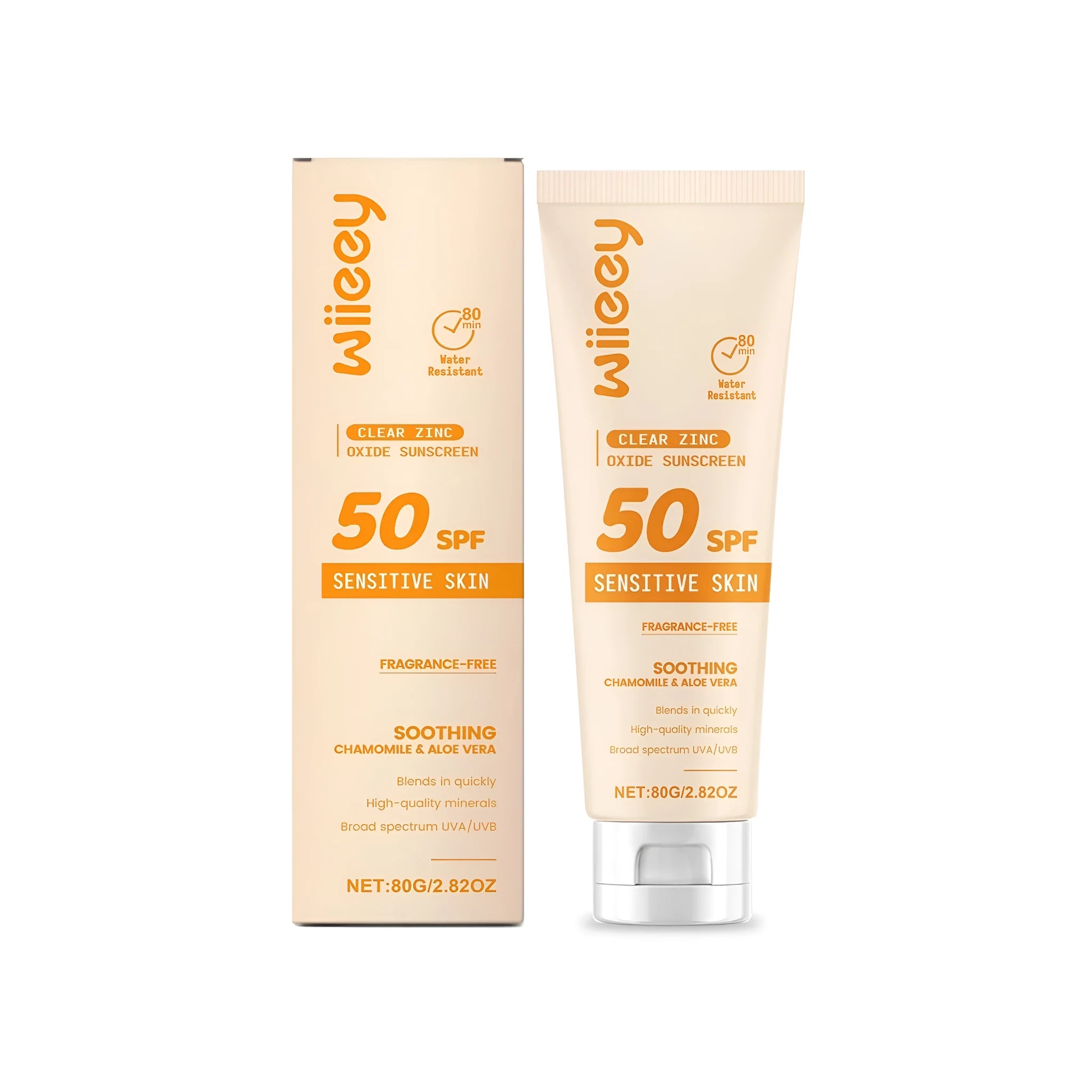 80g tube of clear zinc oxide sunscreen with aloe vera and titanium dioxide