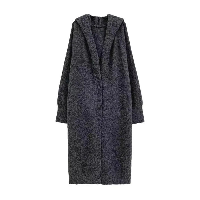 Korean style women's long hooded knit cardigan in oatmeal colour, loose fit.