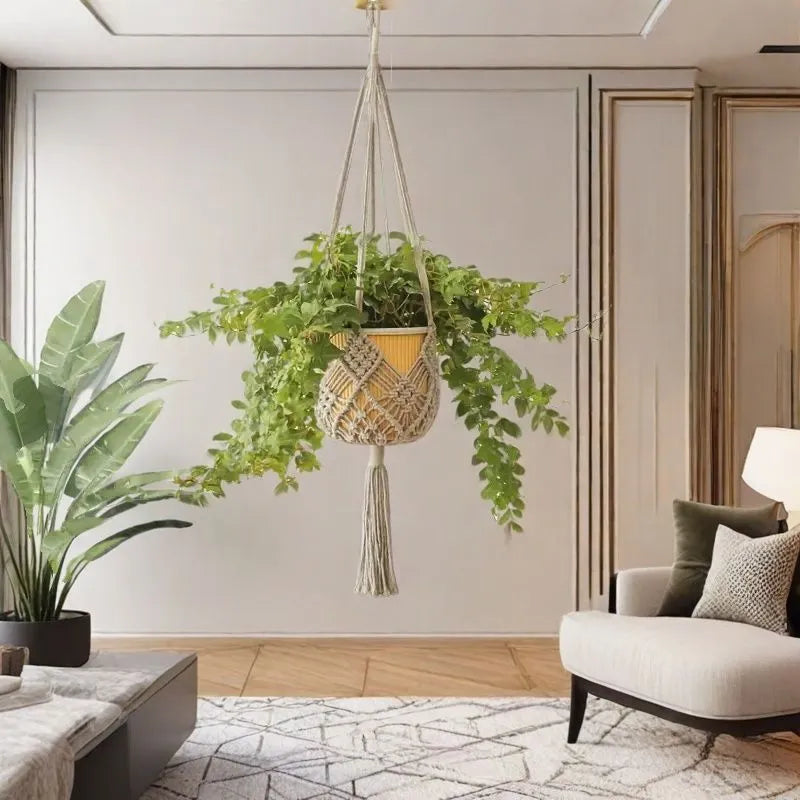 Hand-woven polyester cotton flower pot net pocket in brown, hanging with a green plant.
