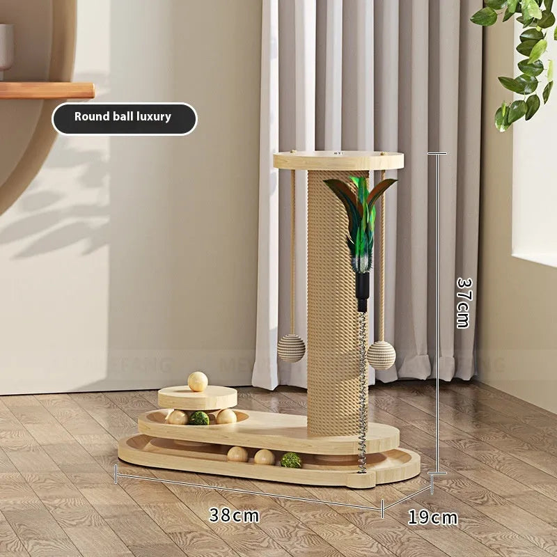 Solid wood cat scratching post with turntable climbing frame in multiple design variations