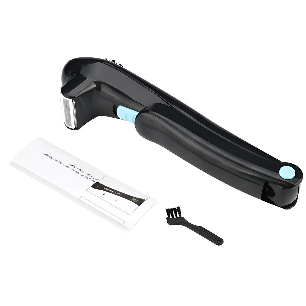 Black folding electric body hair shaver with battery compartment.