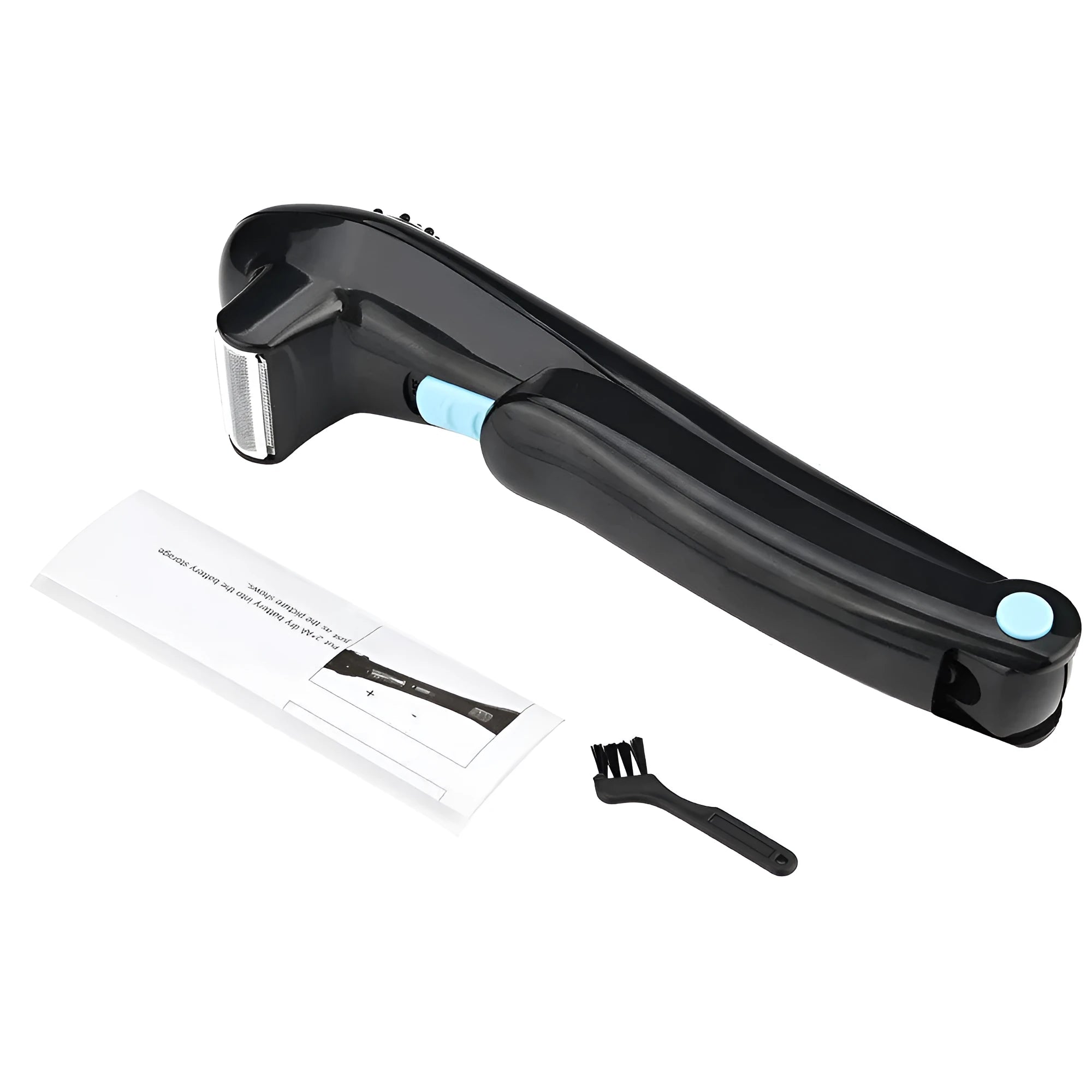 Black folding electric body hair shaver with battery compartment.