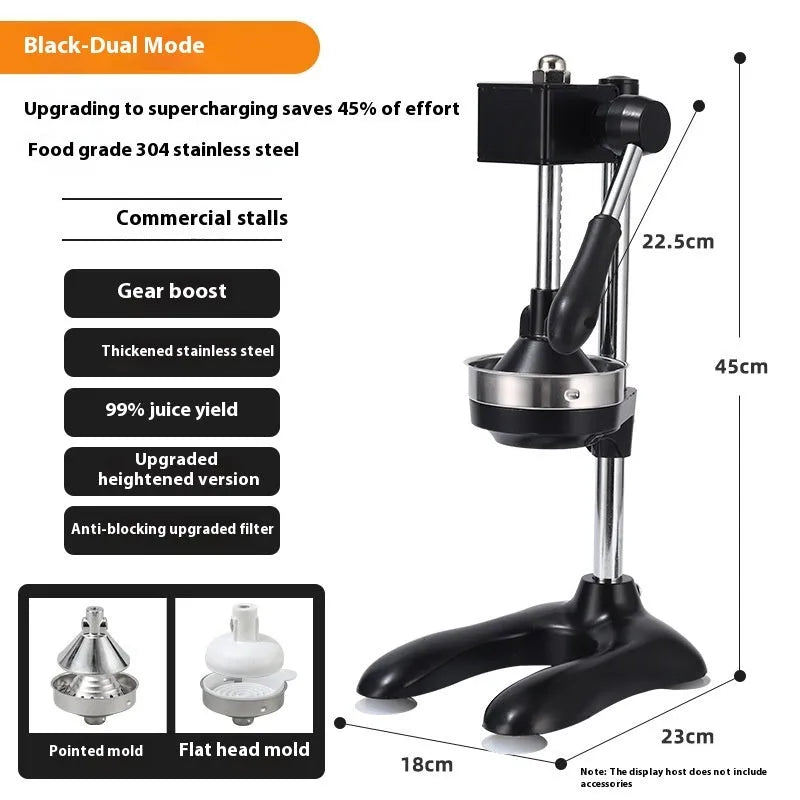 Stainless steel manual vertical juicer on a countertop, showing options for black, silver, orange, white, and electroplated finishes with pointed, flat, and double head tips.
