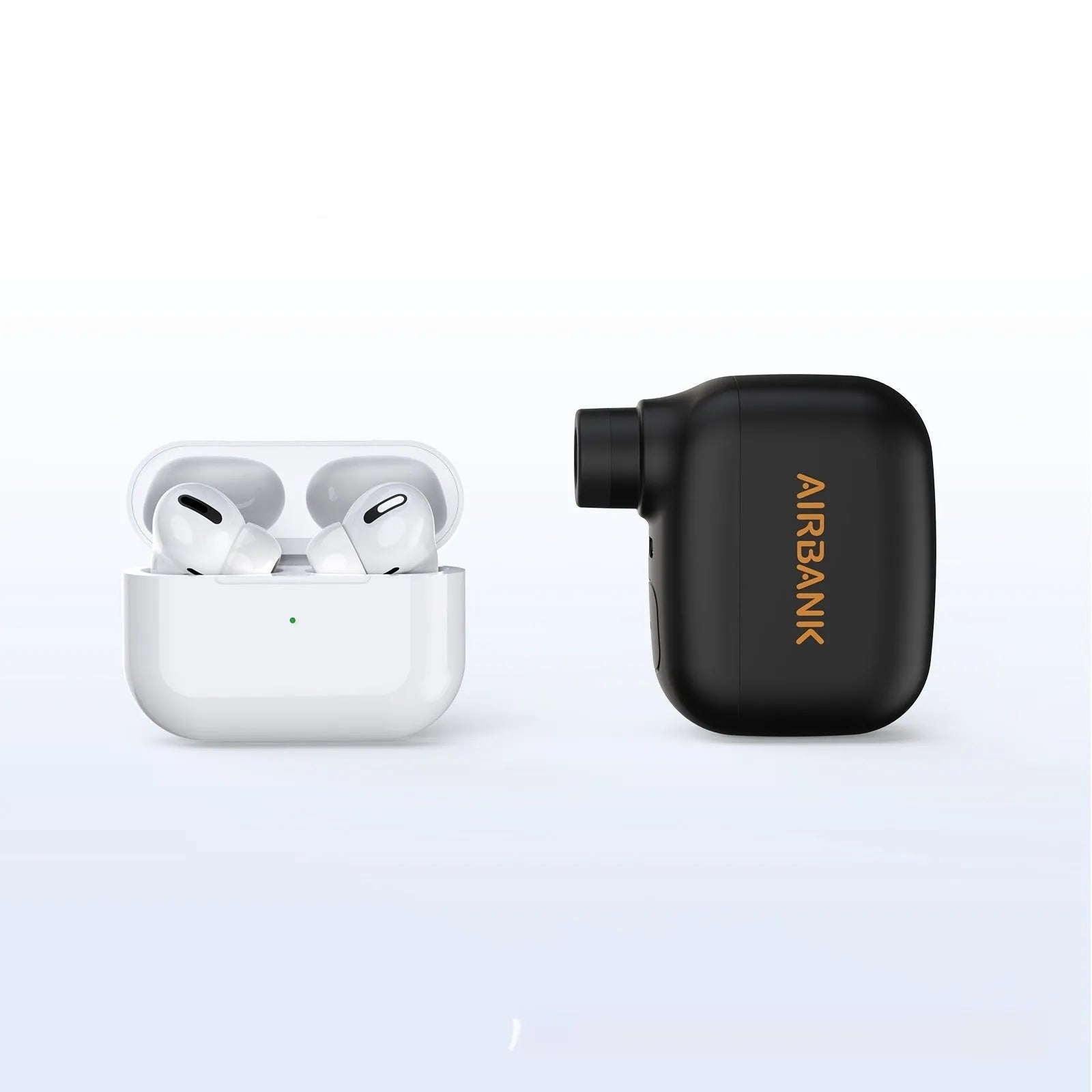Black AS100 electric bike pump with USB cable and waterproof bag on a white background.