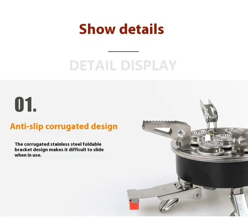 Silver foldable stainless steel split camping stove with copper fittings and a long hose.