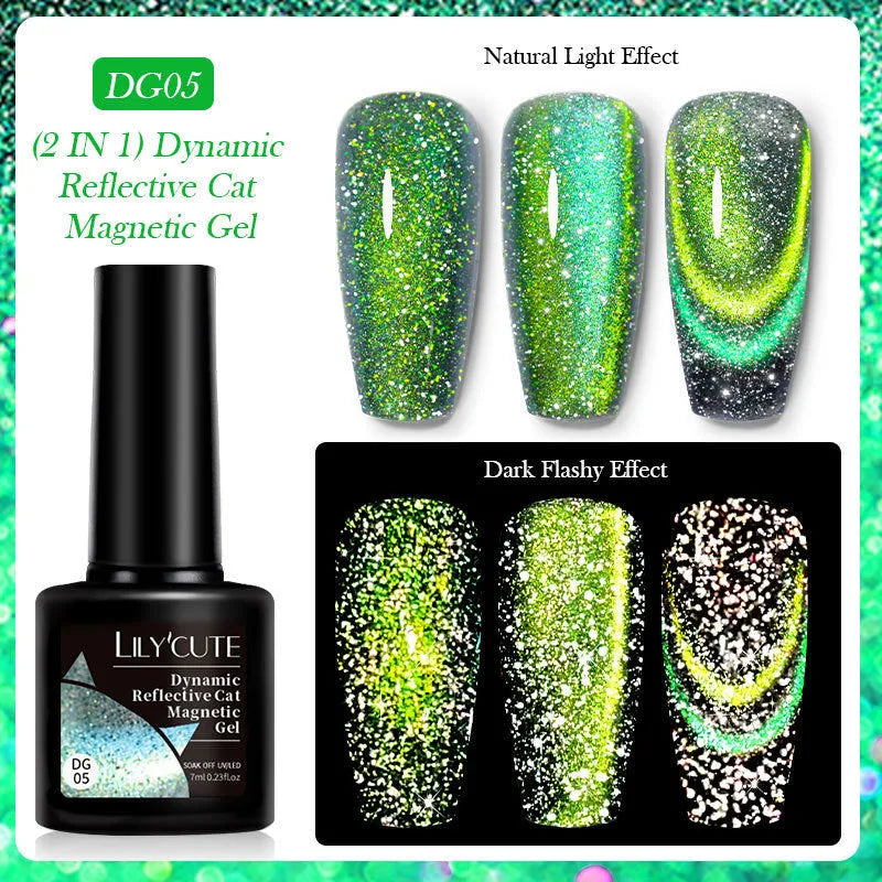 Cat eye series nail polish gel bottles showing diamond glitter and fragment designs in six colour options