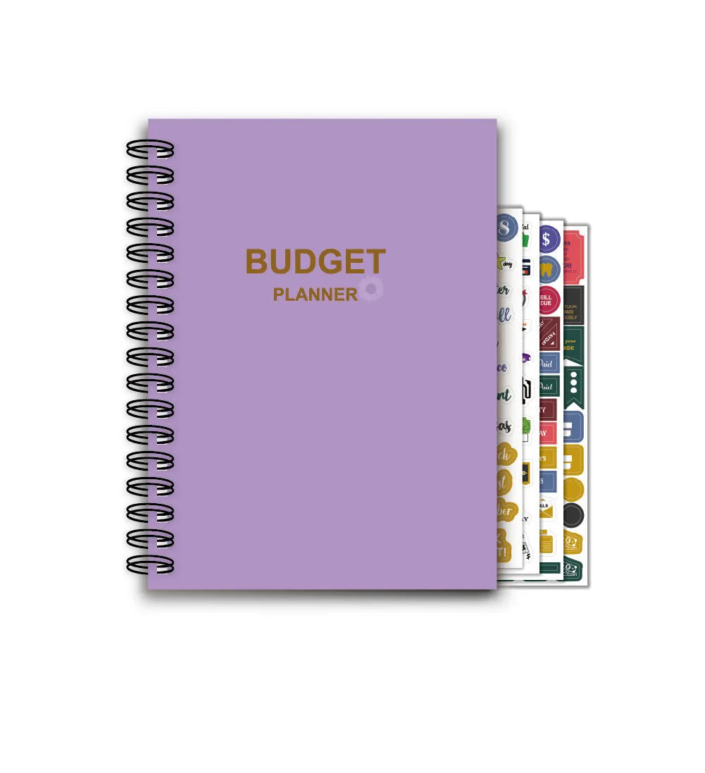 J12 purple coil-bound financial planning notebook with pen and sticker accessories for monthly budgeting