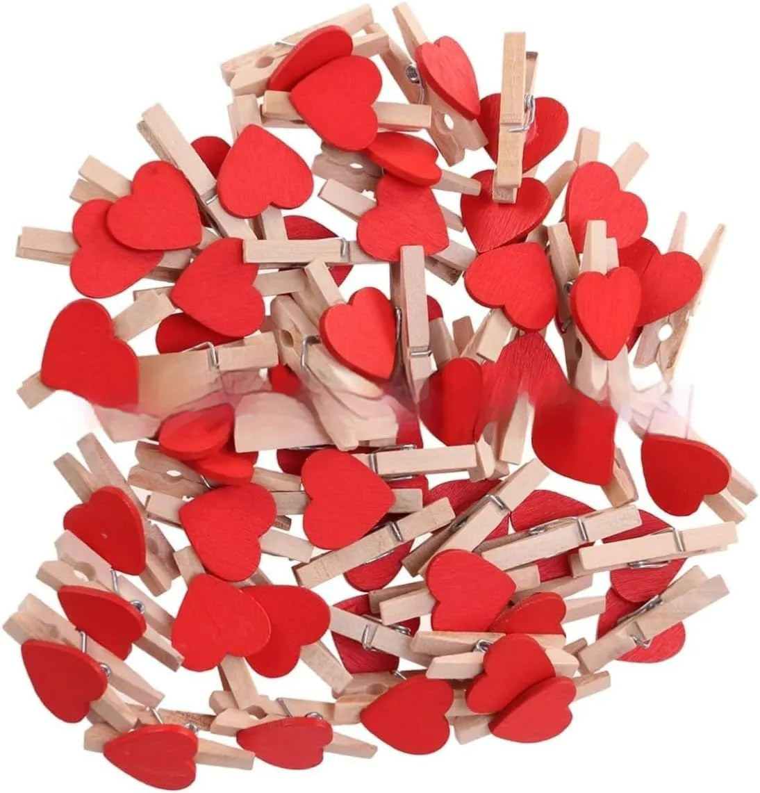 Pack of five solid wood heart-shaped clips in assorted colours on a white background.