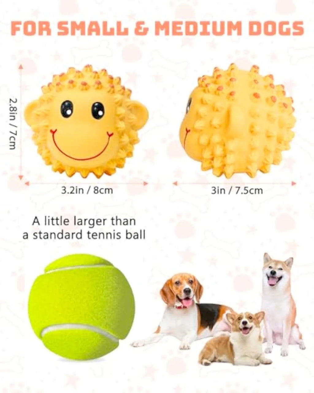 Orange and yellow latex dog toys with spiky texture and animal designs for small medium breeds
