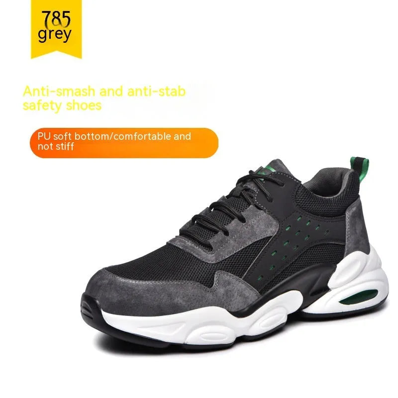 Black mesh breathable labour insurance safety shoes with anti-smash anti-puncture features and a PU soft sole.