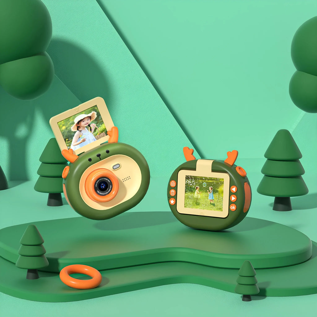 Purple and dark green children's digital camera with flip screen, silicone case, and lanyard.