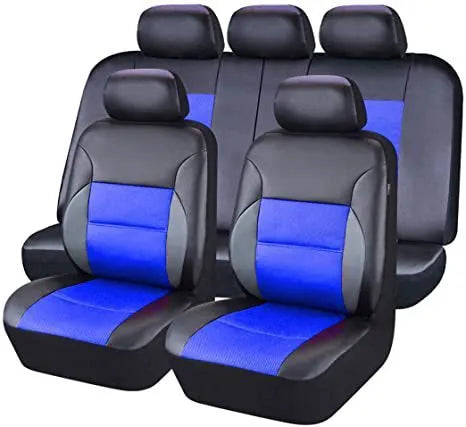 Artificial leather car seat cover set in black, showing front seat and headrest covers with hook fasteners.