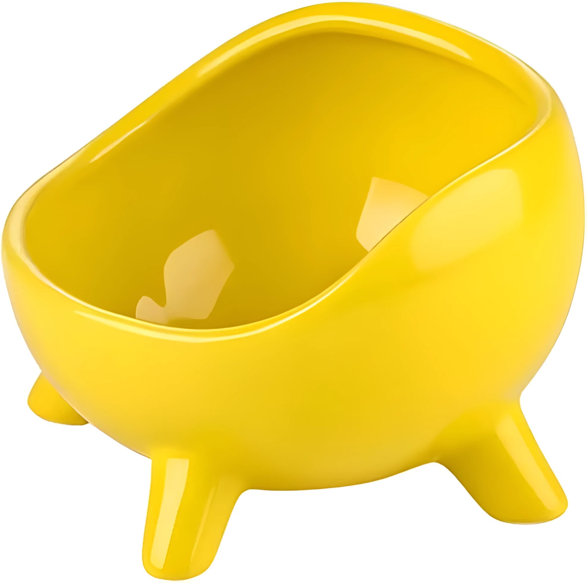 Green ceramic cat food bowl with four legs and rounded arc design on wooden floor