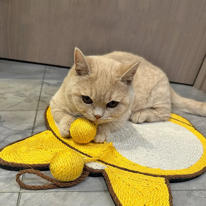 Yellow cat scratching pad with corgi butt design on natural sisal surface, 37cm by 40cm with anti-slip base