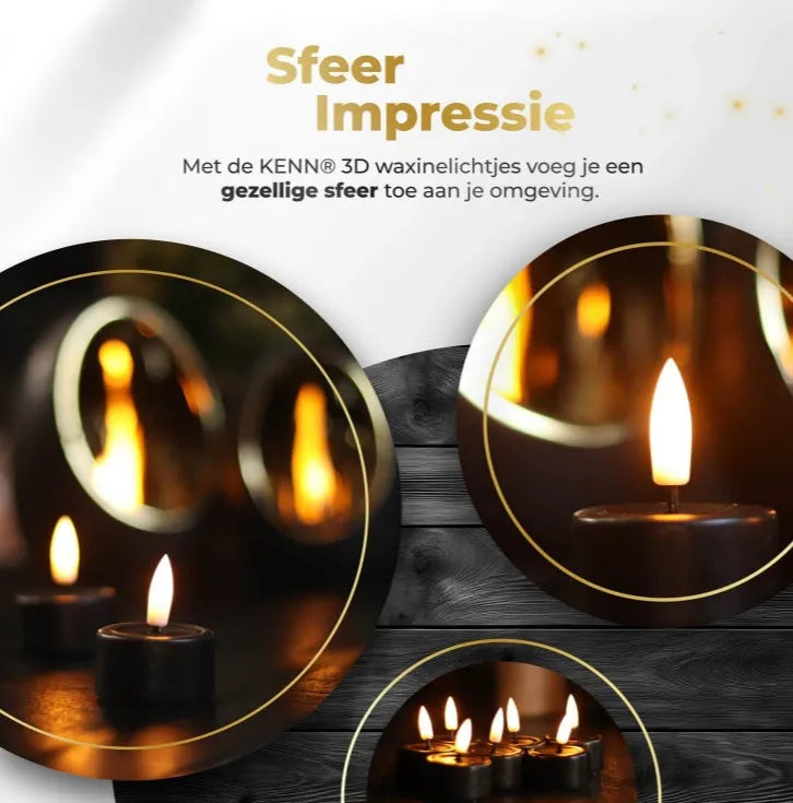 Four black S10 LED flameless tealight candles showing size and flickering LED light.