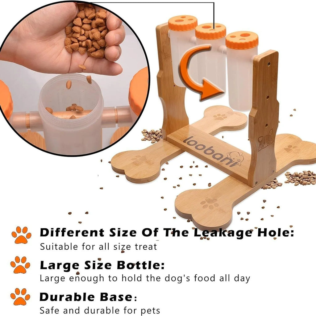 Wooden dog puzzle toy and interactive feeder in natural wood colour, dimensions 31x30x20cm.