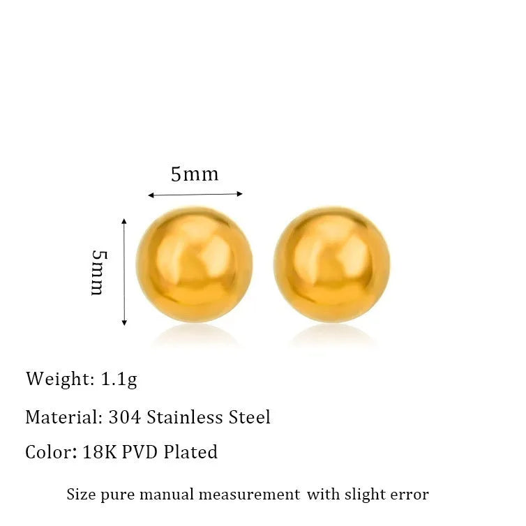Stainless steel ball stud earrings showing 3mm, 4mm, 5mm, and 6mm sizes with gold and silver finishes
