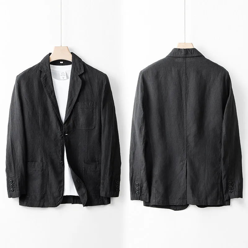 Men's loose-fit linen casual blazer jacket shown in available colours: white, black, natural linen, sky blue, and navy blue.