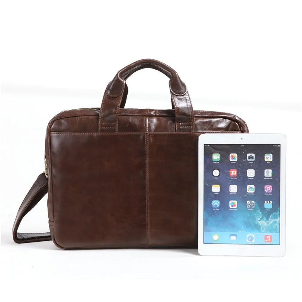 Brown men's business briefcase made from first layer cowhide leather with 18-inch laptop compartment