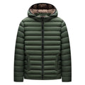 Man wearing a lightweight army green down jacket with a detachable hood and zipper pockets.