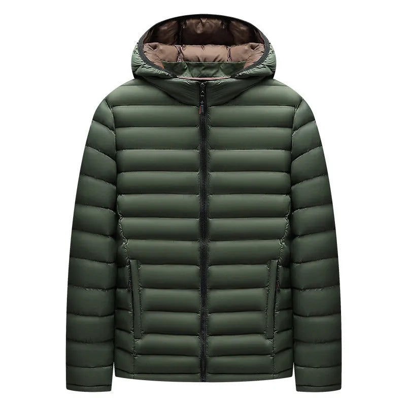 Man wearing a lightweight army green down jacket with a detachable hood and zipper pockets.