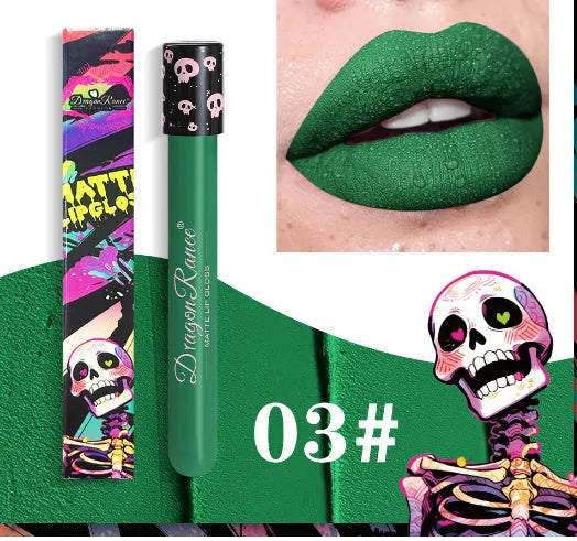 Halloween creative makeup lip gloss in skull-shaped test tube packaging, showing a matte gold and silver finish.