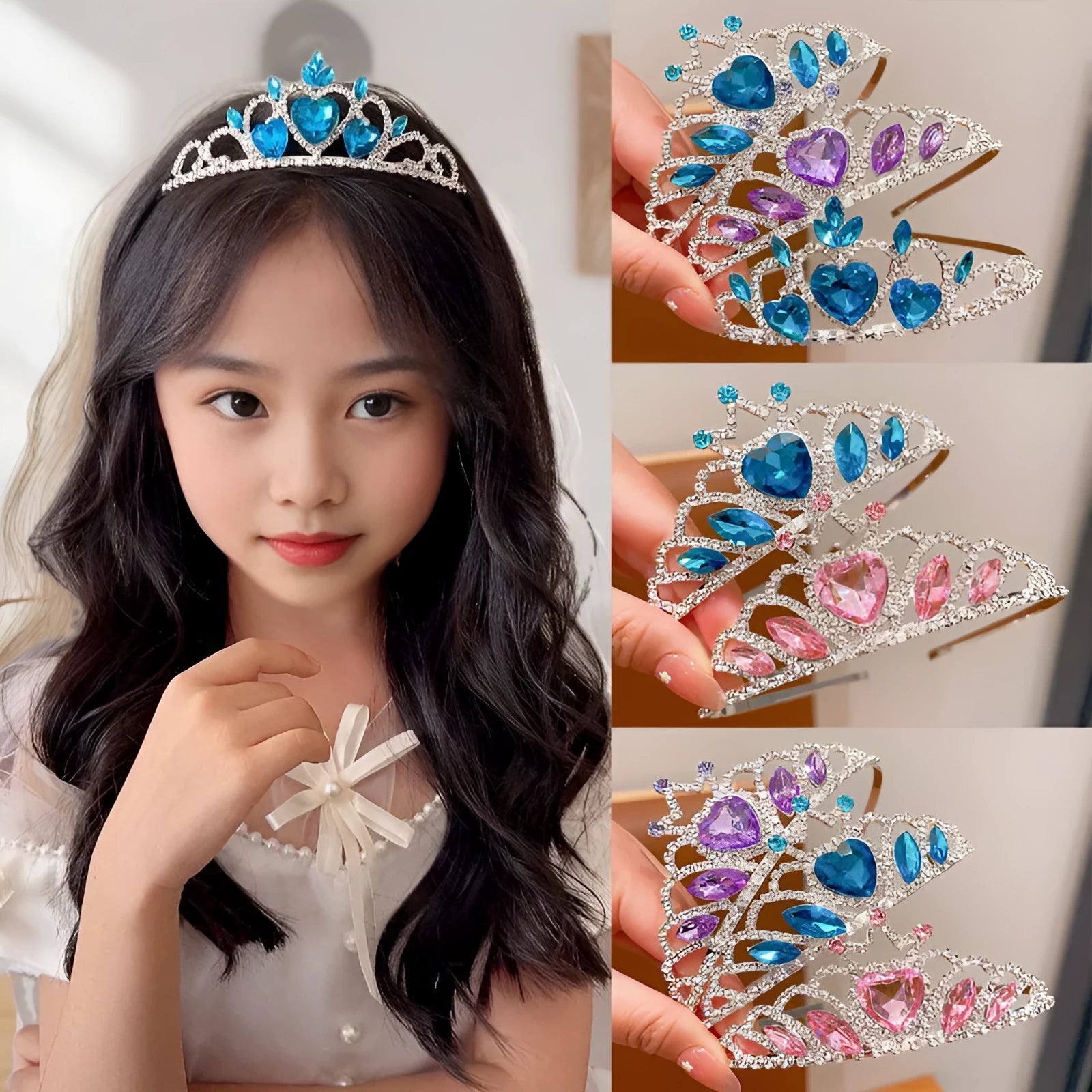 Children's metal alloy crown headdress hairband in pink, light blue, or light purple with crystal decoration.