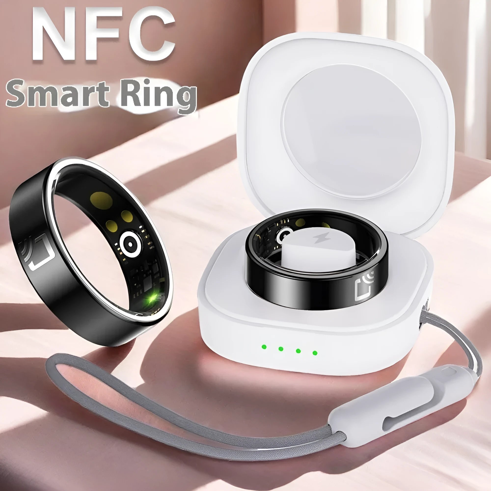 Black ceramic smart ring with health monitoring sensors on finger