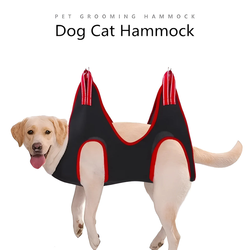 A suspended pet grooming hammock restraint bag in use, showing a small dog being groomed.