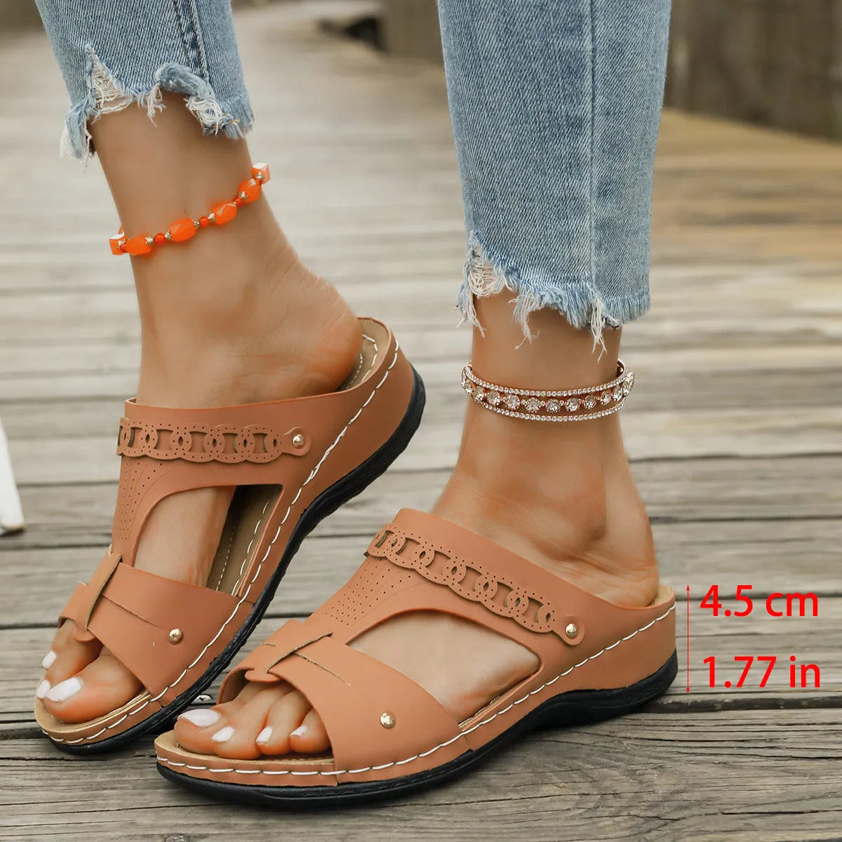 Women's Roman style slippers with slope heel and fish mouth toe design in PU upper and rubber sole