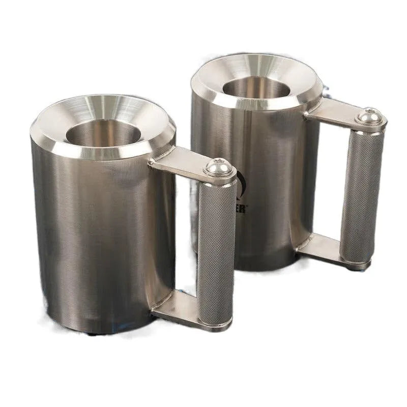 Silver stainless steel dumbbell cup weight plate, 8kg, with cast iron core and Olympic bar centre hole.