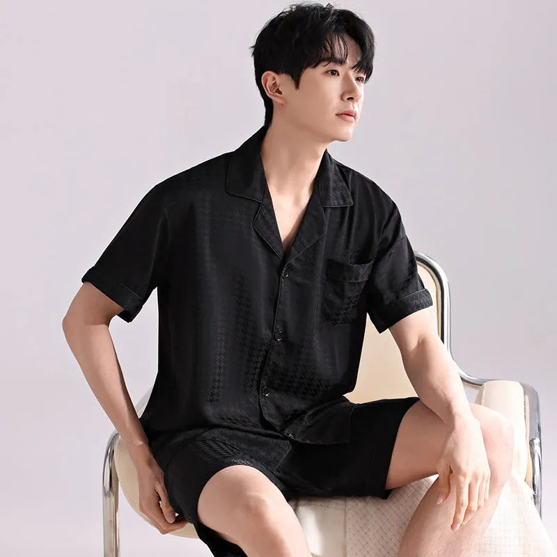 Men's ice silk summer pyjama set with cardigan top and shorts in satin jacquard pattern