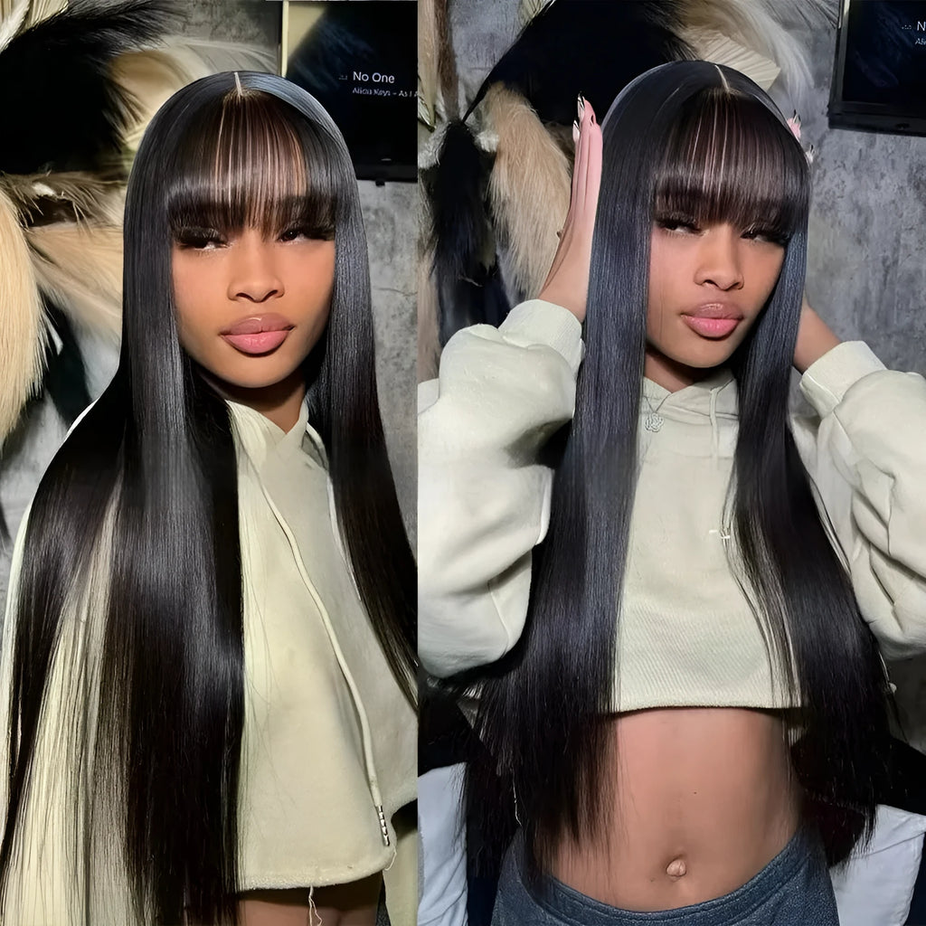 A natural colour human hair straight fringe wig with full-mechanism headgear on a stand.
