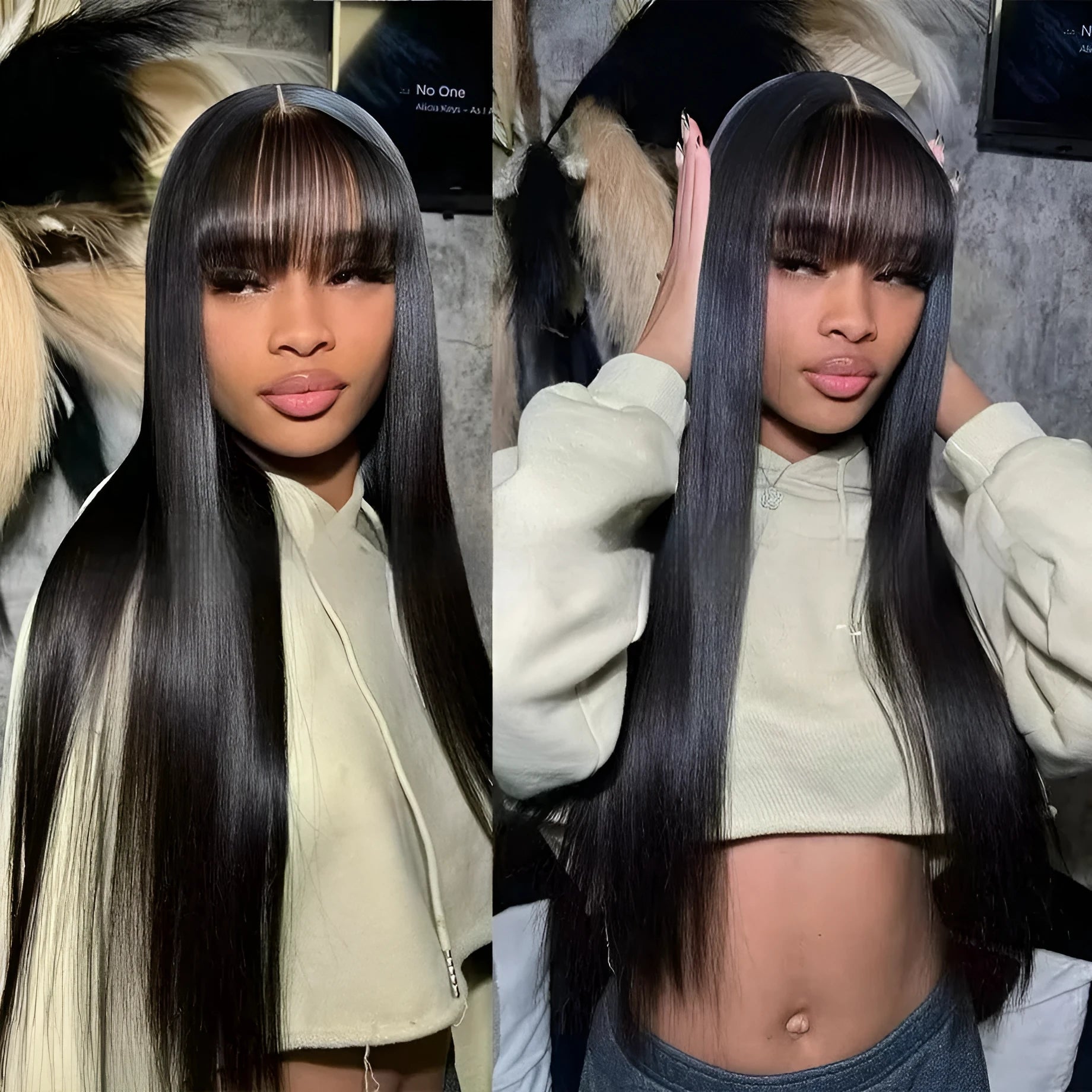 A natural colour human hair straight fringe wig with full-mechanism headgear on a stand.