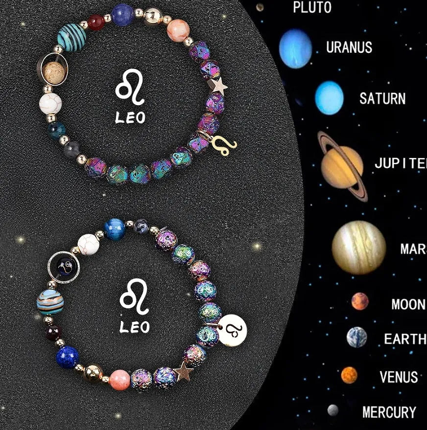 Two natural stone zodiac bracelets with adjustable cords showing astrological symbol beads