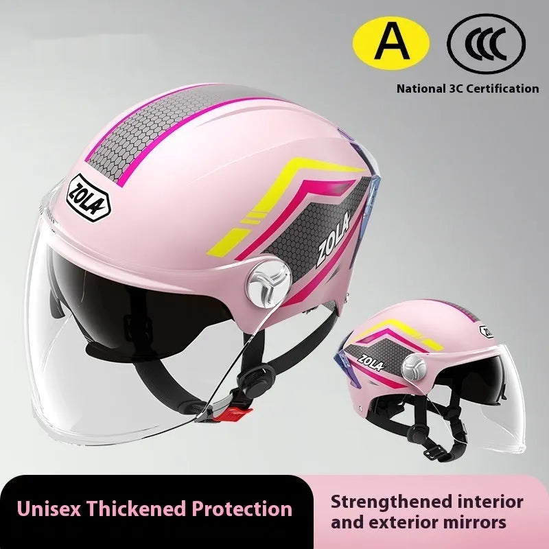 3C certified ABS motorcycle half helmet with a dual mirror sun visor shown in a light brown colour variant.