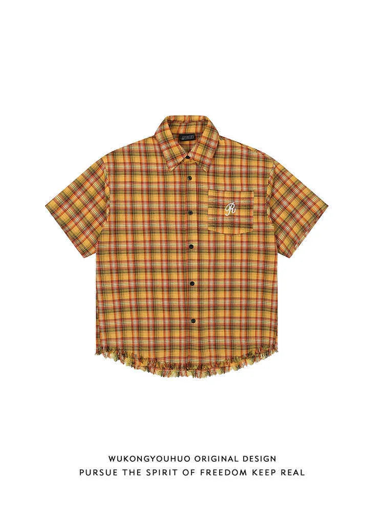 Yellow grid pattern short sleeve plaid shirt with embroidery pocket detail in loose fit