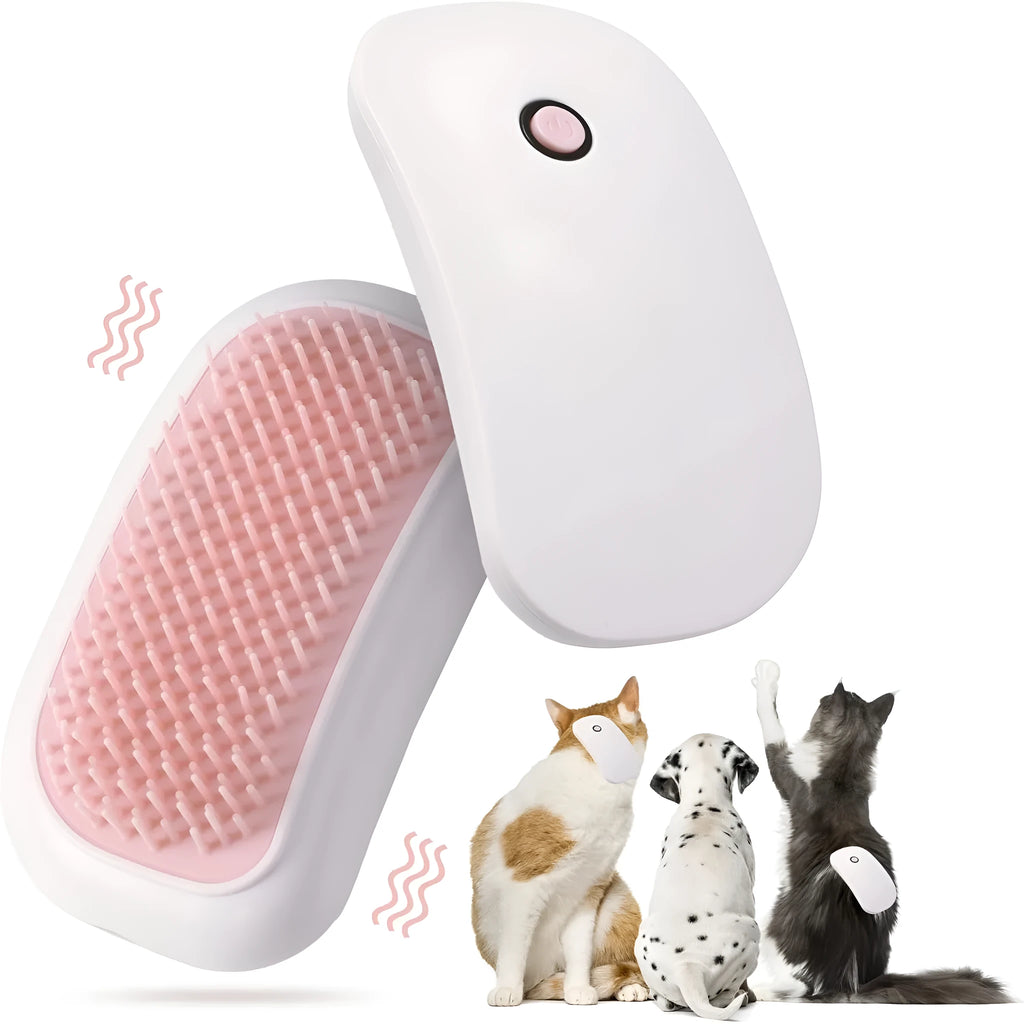 Pink handheld electric pet grooming brush with soft TPE teeth on a white background.