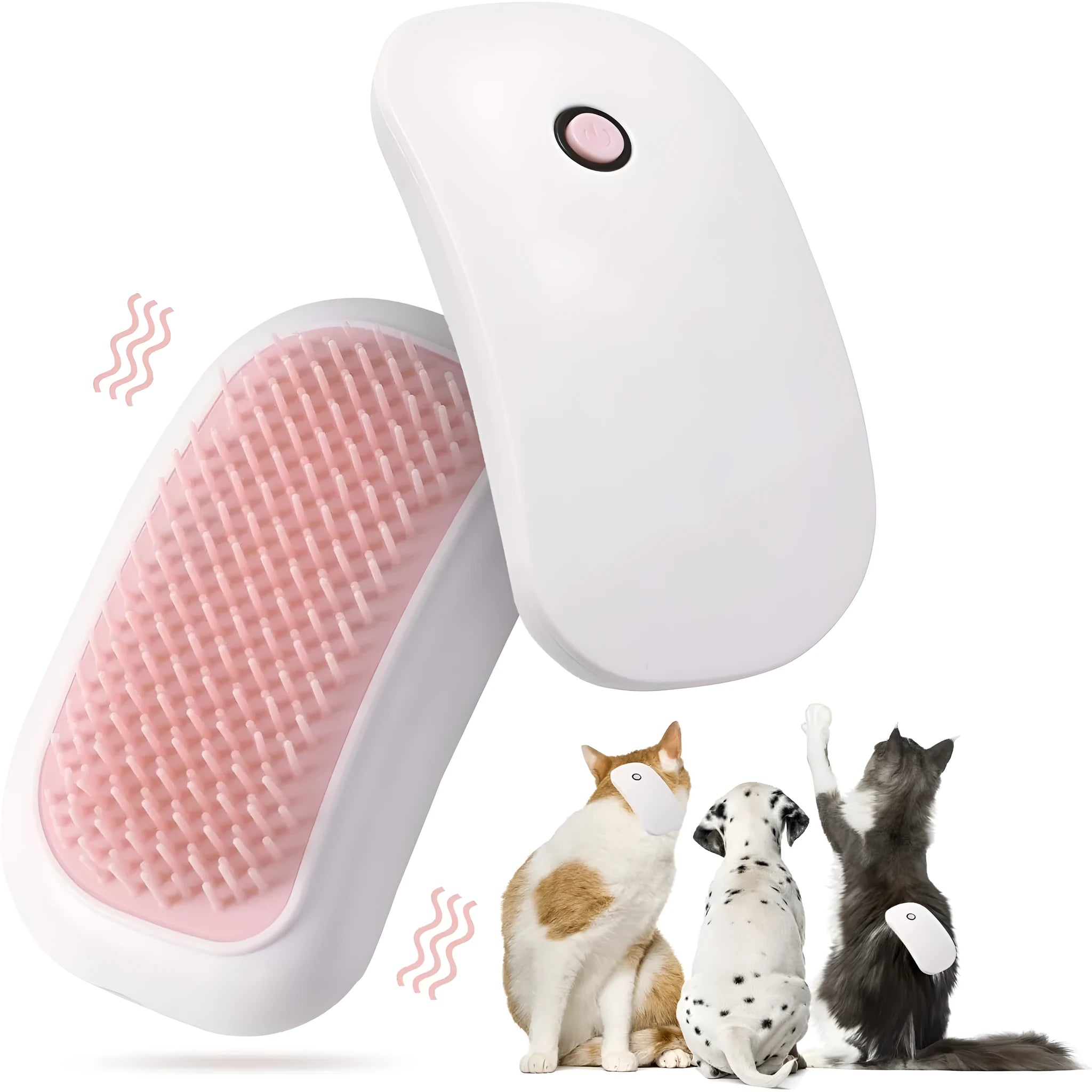 Pink handheld electric pet grooming brush with soft TPE teeth on a white background.