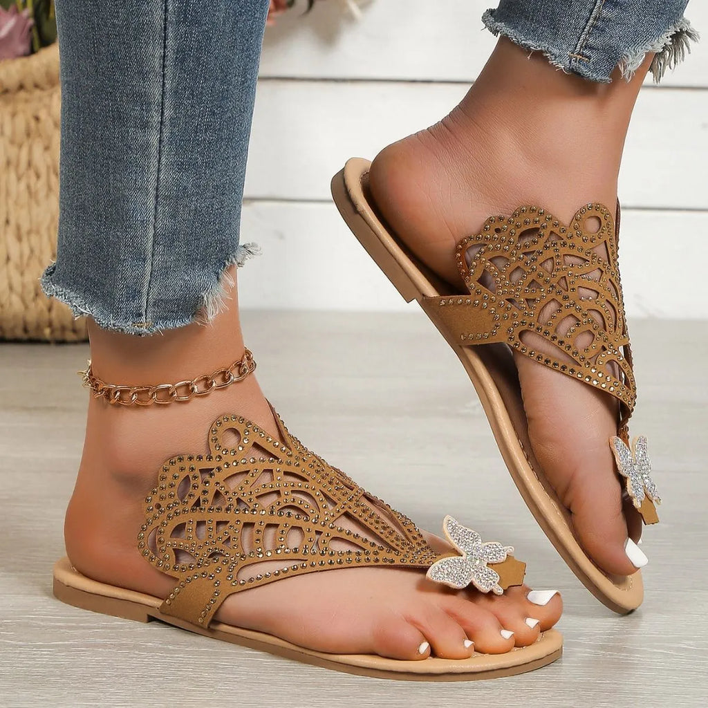 Women's black rhinestone slip-on flip-toe sandals with hollow design and flat rubber sole