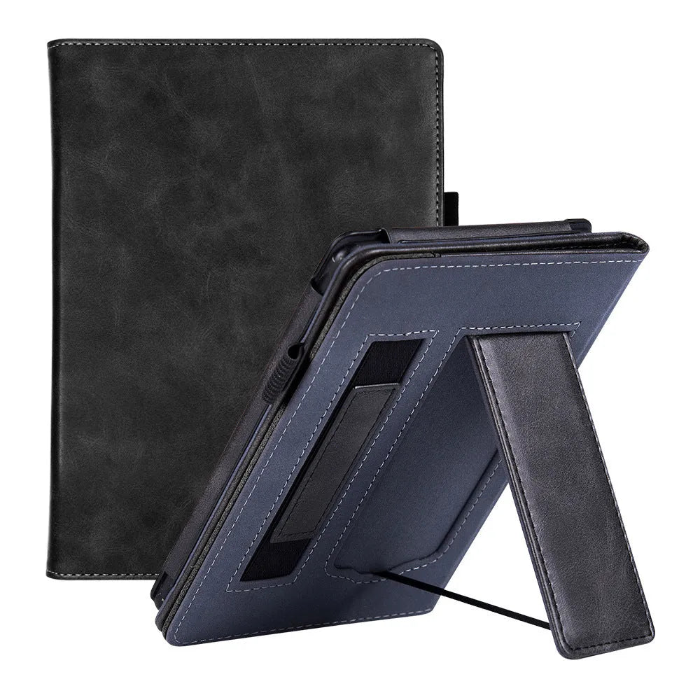 Kindle Paperwhite 11 leather case with wrist bracket showing calf leather exterior