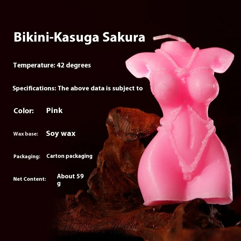 A bikini-shaped low temperature candle made from soy wax, shown in rose red, spring pink, and lilac purple colour options.