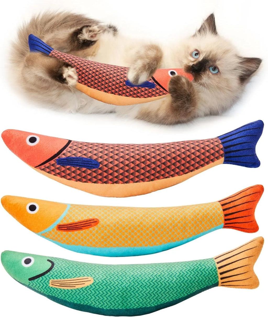 Green plush fish-shaped cat toy with organic catnip filling for kicking play