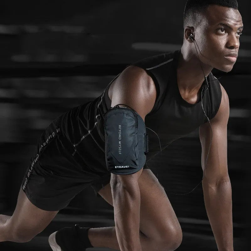 Reflective sports arm bag with strap, shown in fluorescent yellow, black, and silver grey colours.