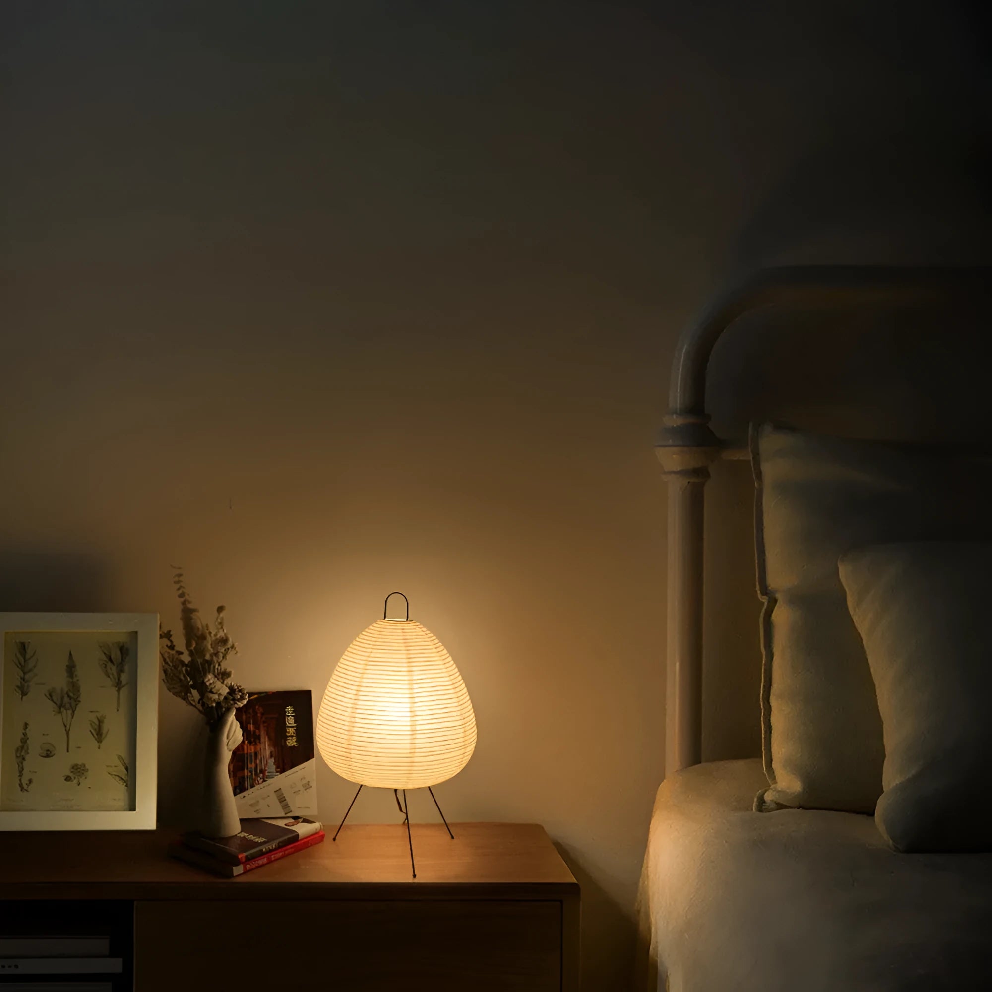 Japanese style rice paper table lamp with aluminium base and handmade shade showing three-tone dimming control