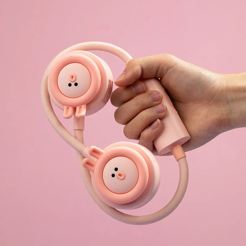 Pink foldable leafless hanging neck fan showing USB port and three-speed controls
