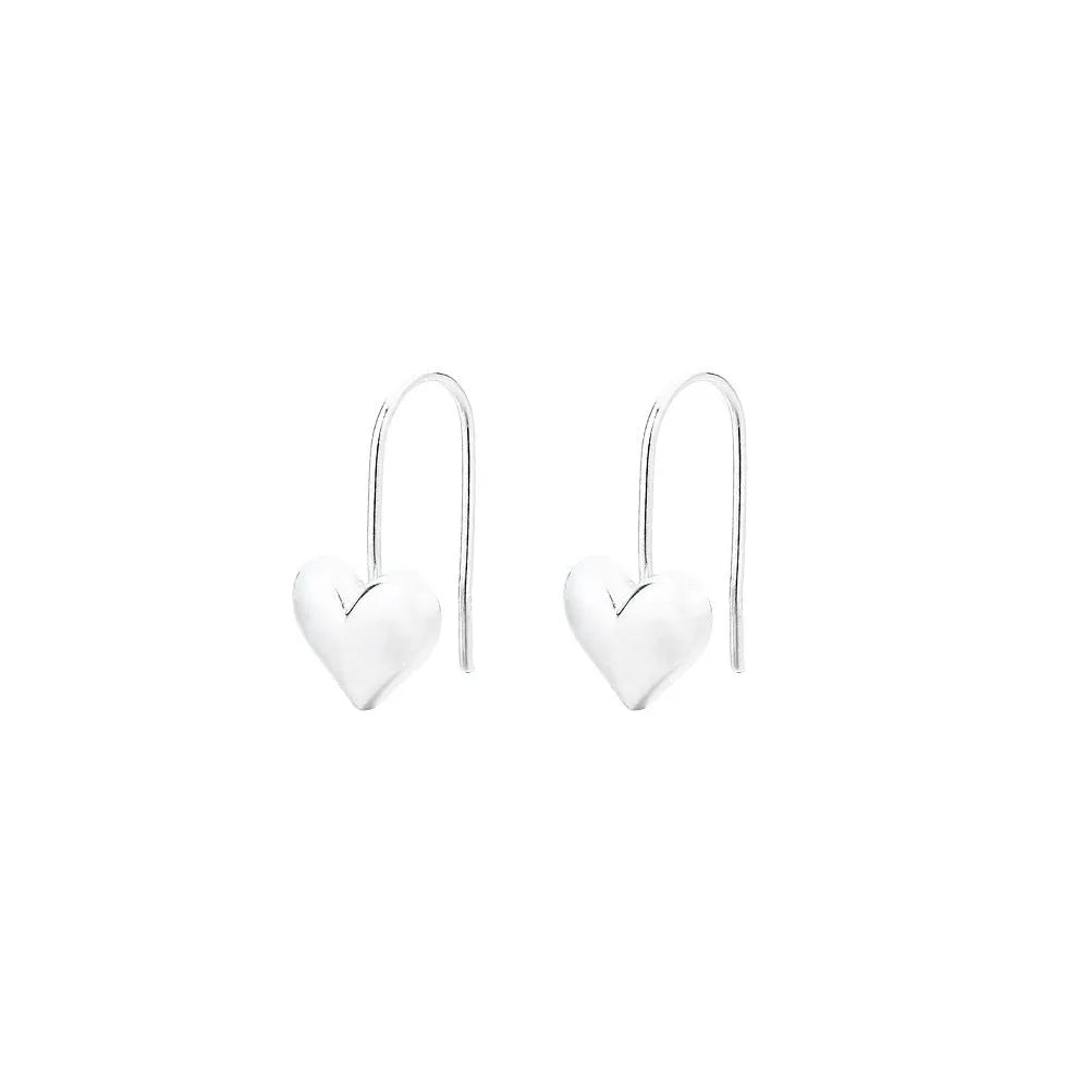 Silver heart-shaped earrings with three-dimensional glossy finish and Korean style design