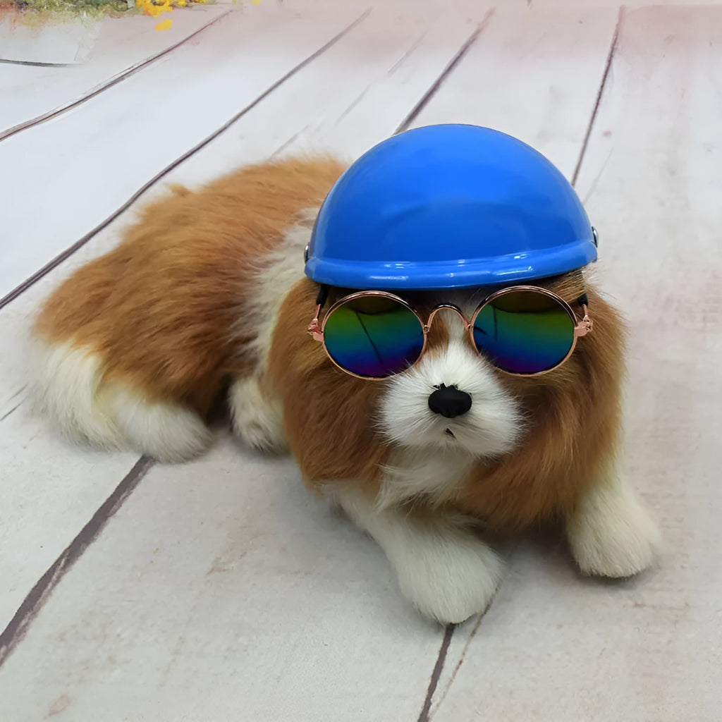 Plastic dog motorcycle cap helmet shown in multiple colours with Japanese style design